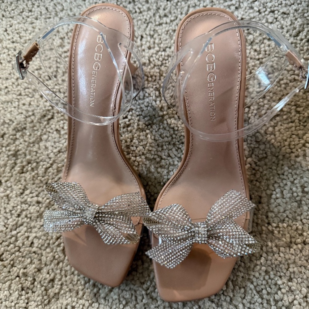 BCBGeneration Pink Nude Bow Crystal Clear-Strap Heels